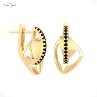 Round Cut Curved Bar Earrings With 0.13 Ct Black Diamond Clip Earrings In 14k Real Gold