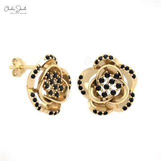 Floral Push Back Studs In 14k Real Gold White Diamond Hallmarked Daisy Earrings