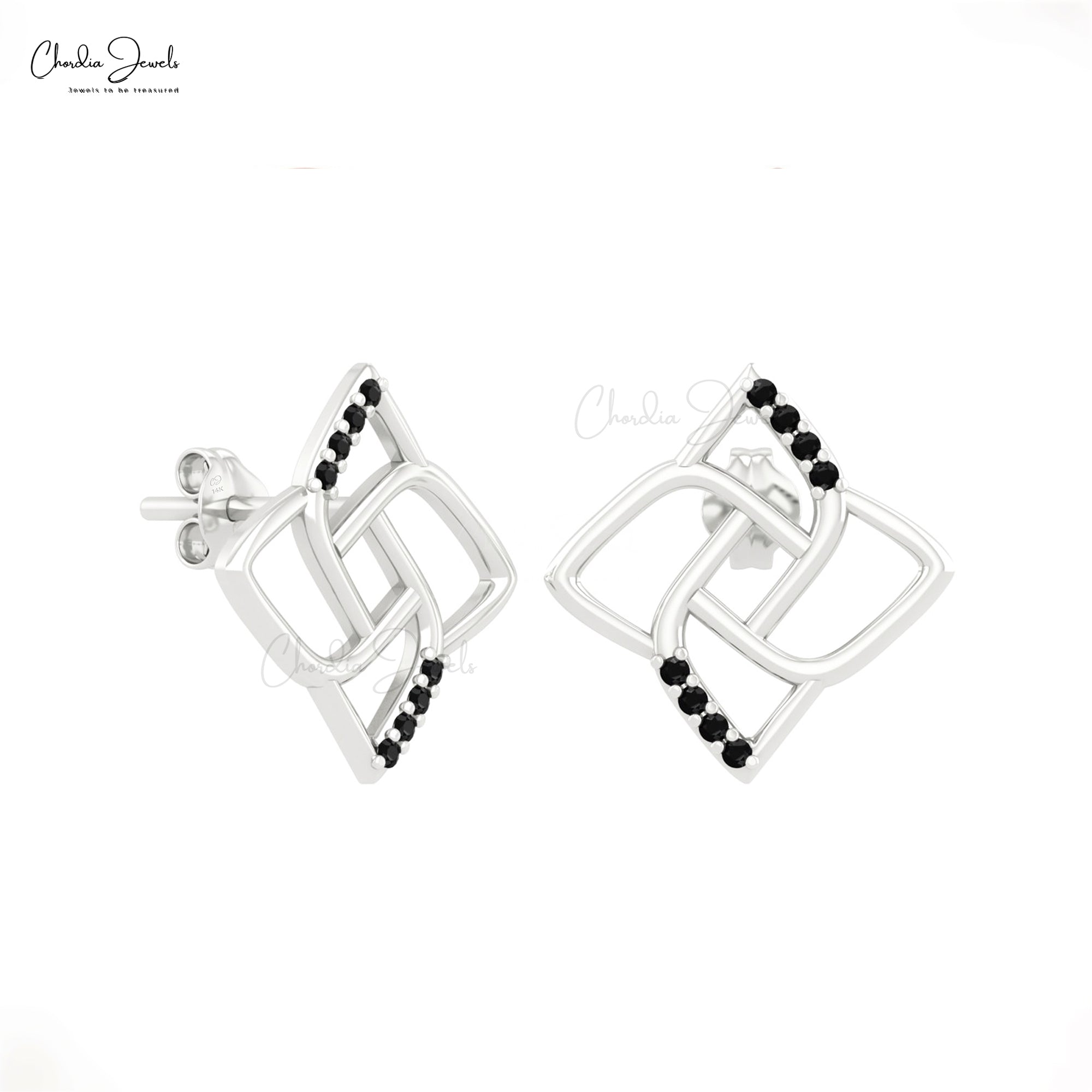 Dainty Floral Studs With 1mm Round Balck Diamond Push Back Earrings In 14k Real Gold