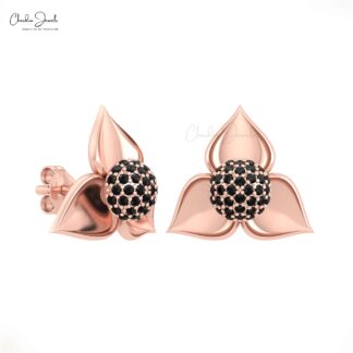 Dainty Round Cut Floral Studs With 0.9mm Black Diamond Detachable Hallmark Earrings