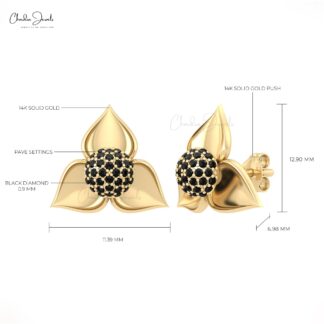 Dainty Round Cut Floral Studs With 0.9mm Black Diamond Detachable Hallmark Earrings