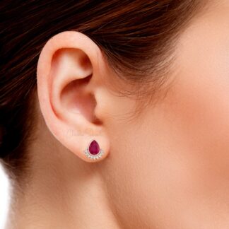 Solid 14k Gold Flare Earrings With 7x5mm Burma Ruby July Birthstone And Diamond Studs