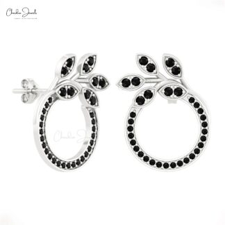 AAA Black Diamond Open Circle Stud With 1.5mm Round Cut Floral Earrings In 14k Solid Gold