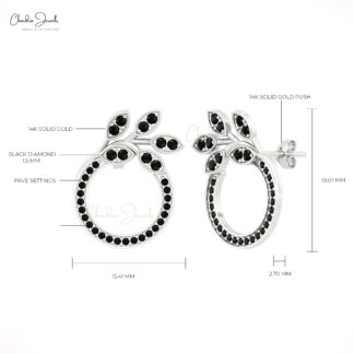 AAA Black Diamond Open Circle Stud With 1.5mm Round Cut Floral Earrings In 14k Solid Gold