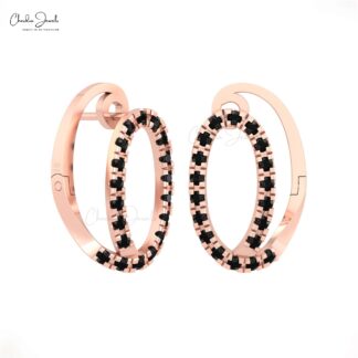 Genuine Black Diamond Hoops With 0.57 Ct Round Pave Set In 14k Solid Gold Huggies Earrings