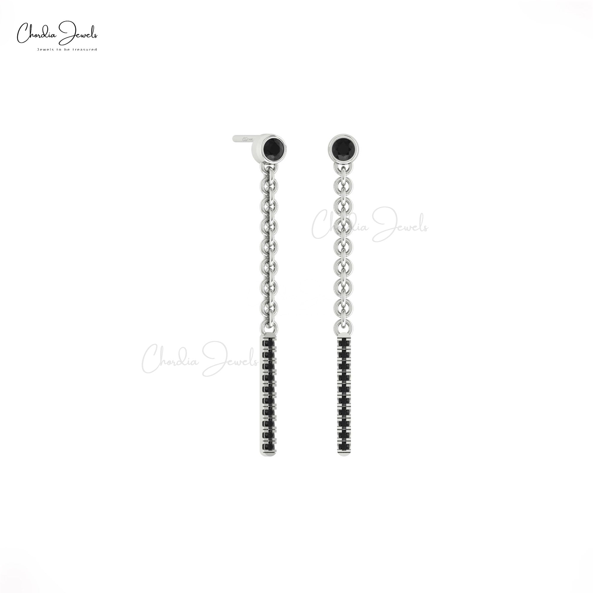 Solid 14k Gold Dangle Chain Earrings With 0.52 Ct Black Diamond Bar Push Back Earrings
