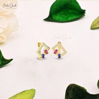 AAA Pink Tourmaline Latch Back Earrings In 14k Real Gold Tanzanite G-H Diamond Hoops