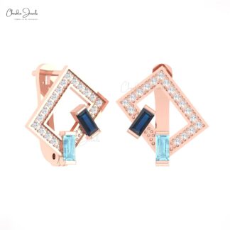 Two Birthstone Diamond Hoop With 4x2mm Aquamarine Blue Sapphire 14k Pure Gold Earrings