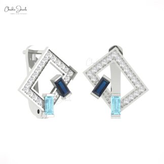 Two Birthstone Diamond Hoop With 4x2mm Aquamarine Blue Sapphire 14k Pure Gold Earrings