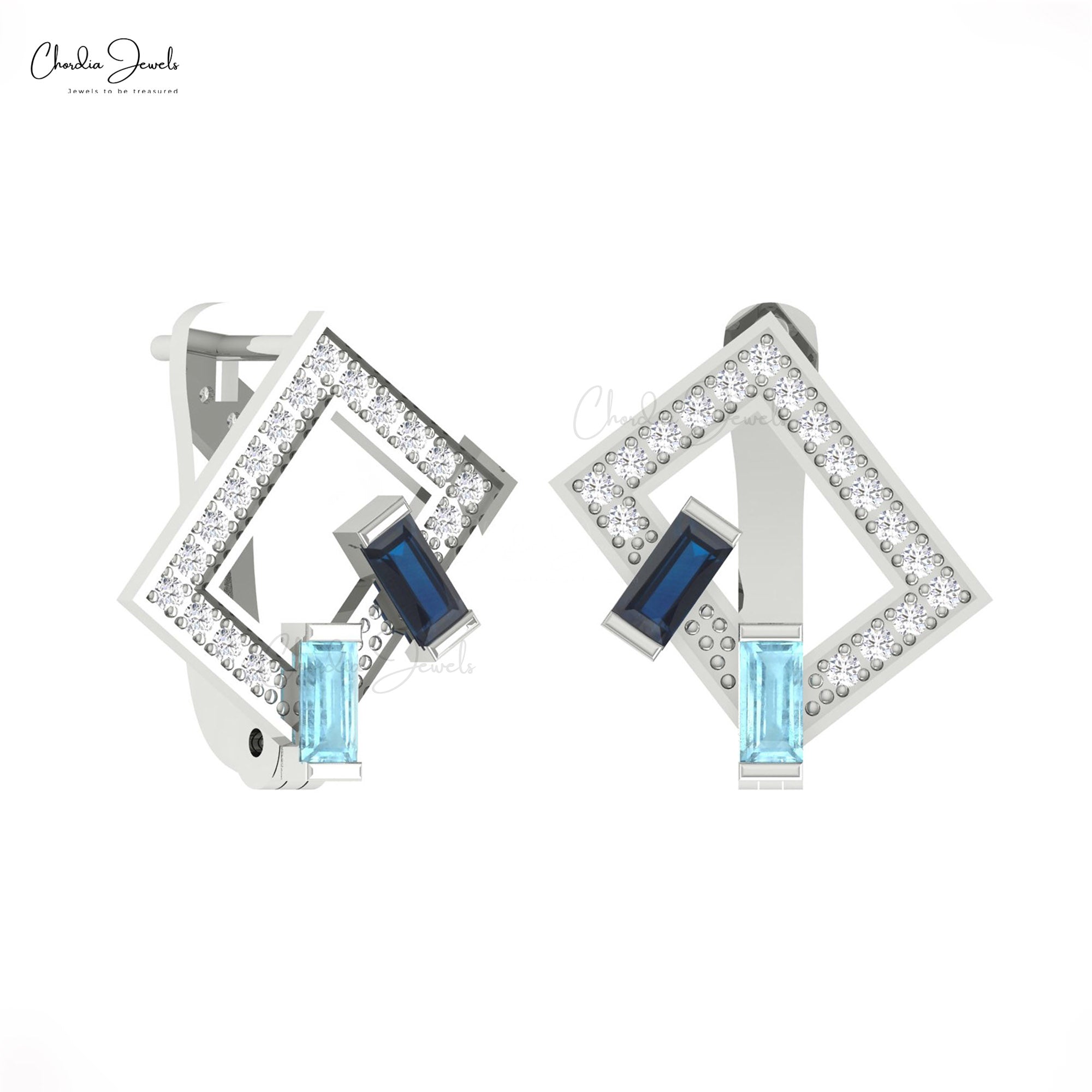 Two Birthstone Diamond Hoop With 4x2mm Aquamarine Blue Sapphire 14k Pure Gold Earrings