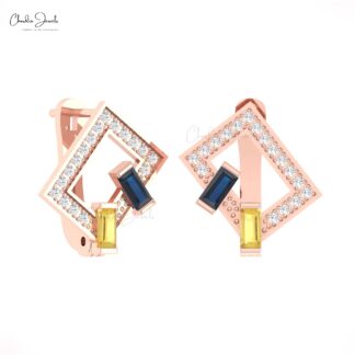 Baguette 2 Stone Earrings In 14k Real Gold Yellow & Blue Sapphire Diamond Hallmark Hoops