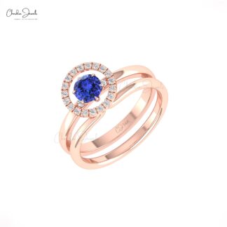 Solid 14k Gold Diamond Circle Ring With 0.45 Tanzanite Gemstone Stack Wedding Bands