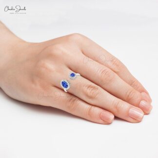 Genuine Tanzanite Dual Halo Ring In 14k Solid Gold G-H Diamond Open Cuff Rings For Her