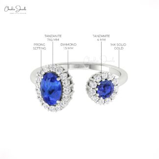 Genuine Tanzanite Dual Halo Ring In 14k Solid Gold G-H Diamond Open Cuff Rings For Her