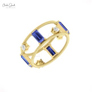 AAA Tanzanite Twisted Wire Band In Solid 14k Gold G-H Diamond Baguette Rings For Women