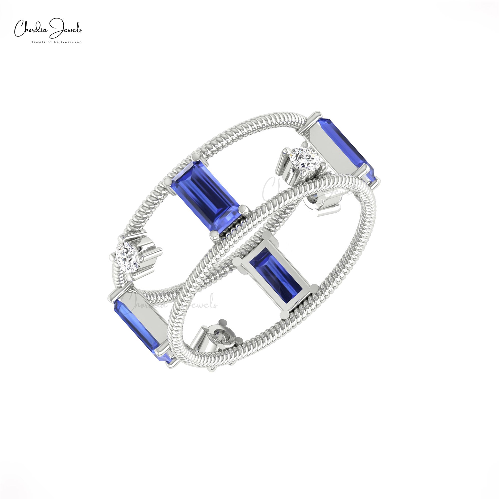AAA Tanzanite Twisted Wire Band In Solid 14k Gold G-H Diamond Baguette Rings For Women