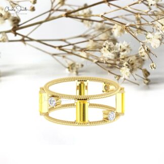 Dual Wire Stacking Band With 1 Ct Yellow Sapphire And Diamond 14k Real Gold Twisted Ring