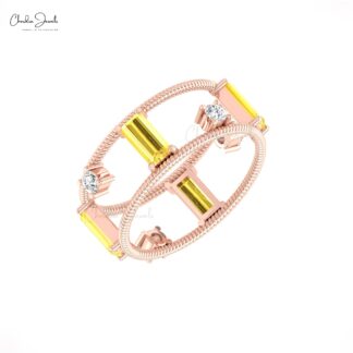 Dual Wire Stacking Band With 1 Ct Yellow Sapphire And Diamond 14k Real Gold Twisted Ring