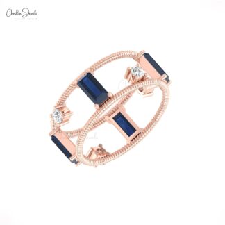 Diamond Twisted Wire Band In 14k Pure Gold Blue Sapphire 6x3mm Baguette Bridal Ring