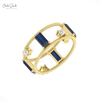 Diamond Twisted Wire Band In 14k Pure Gold Blue Sapphire 6x3mm Baguette Bridal Ring