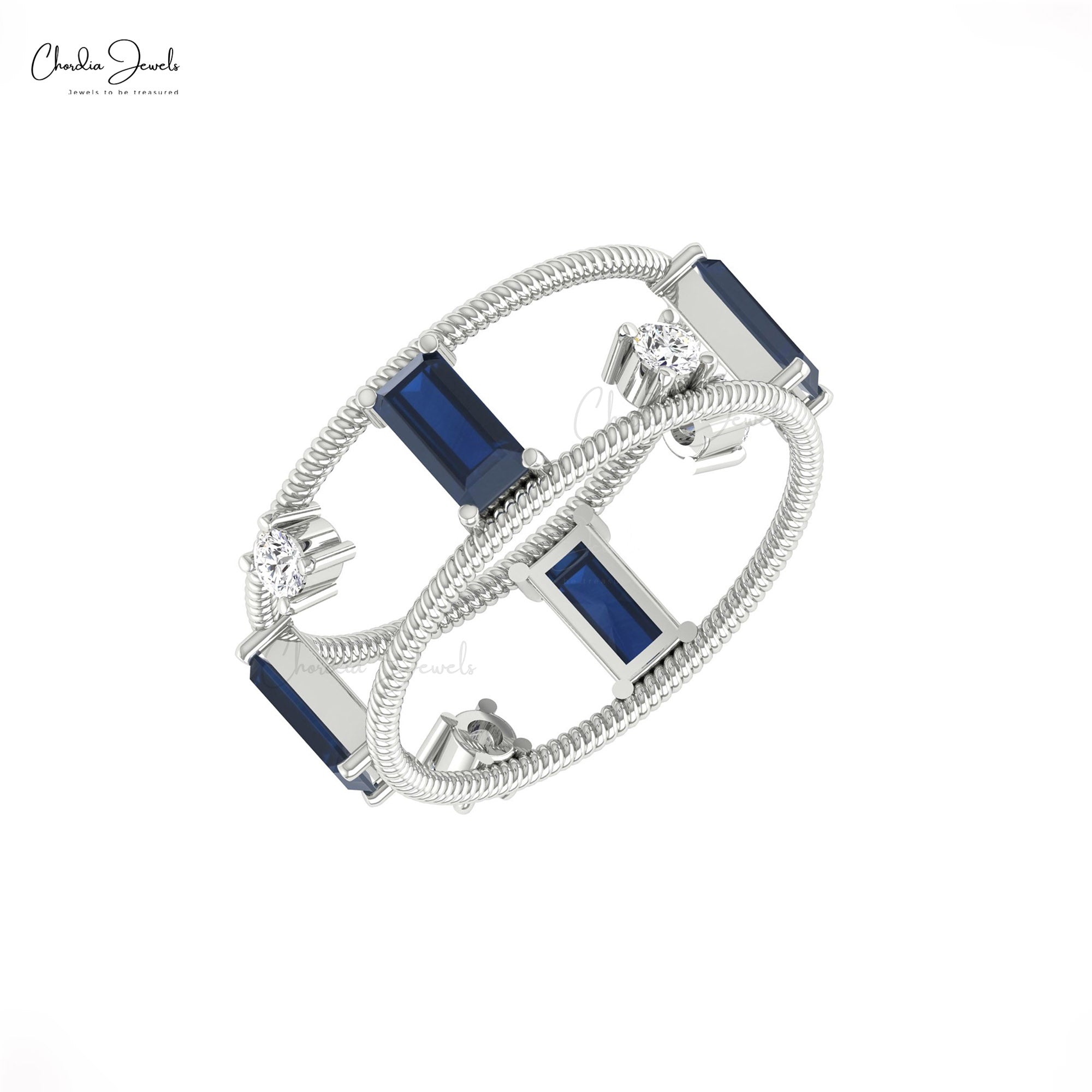 Diamond Twisted Wire Band In 14k Pure Gold Blue Sapphire 6x3mm Baguette Bridal Ring