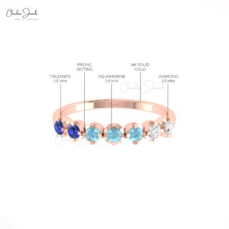 Real 14k Gold Half Eternity Band With 2.5mm Tanzanite & Aquamarine Diamond 7 Stone Ring