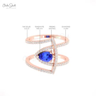 Curved Diamond Statement Ring With 7x5mm Tanzanite Prong In 14k Real Gold Cocktail Rings