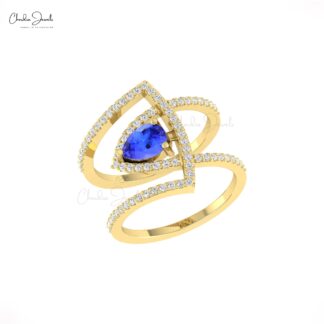Curved Diamond Statement Ring With 7x5mm Tanzanite Prong In 14k Real Gold Cocktail Rings