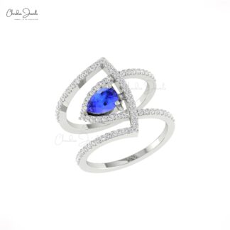 Curved Diamond Statement Ring With 7x5mm Tanzanite Prong In 14k Real Gold Cocktail Rings