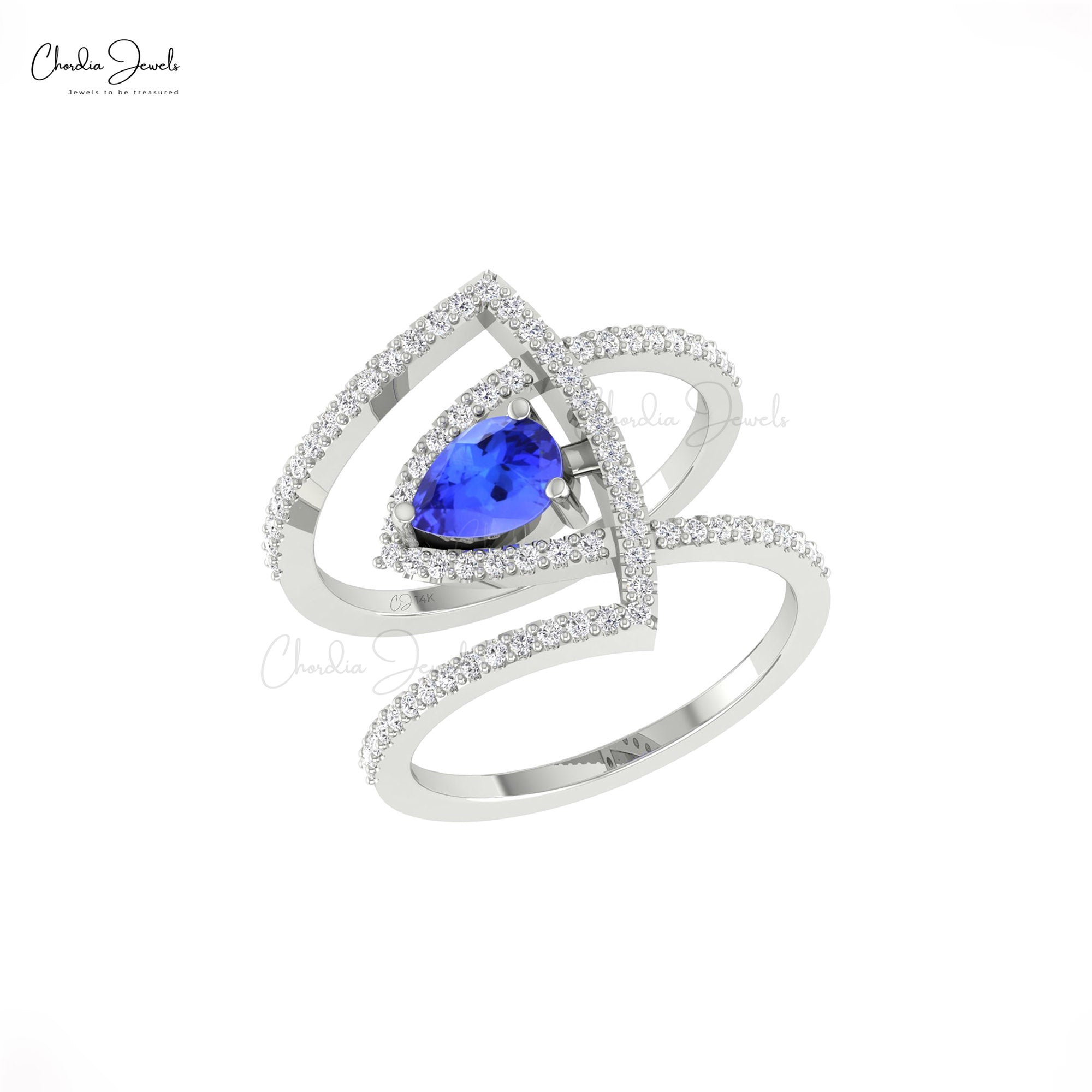 Curved Diamond Statement Ring With 7x5mm Tanzanite Prong In 14k Real Gold Cocktail Rings