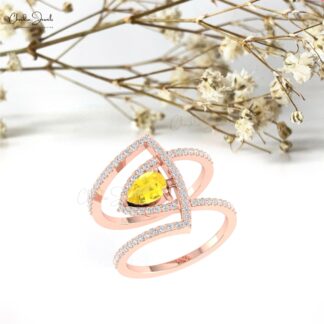 Cocktail Engagement Ring In Real 14k Gold Yellow Sapphire Gemstone Diamond Bridal Rings