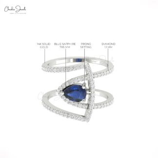 Overlapping Diamond Ring With 7x5mm Blue Sapphire 14k Solid Gold Handmade Wedding Rings