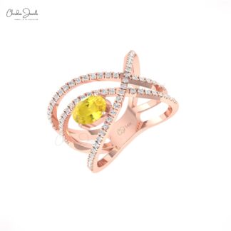 Real 14k Gold Crossover Ring With 7x5mm Yellow Sapphire And Pave Diamond Women Ring