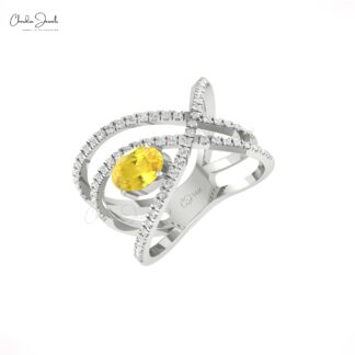 Real 14k Gold Crossover Ring With 7x5mm Yellow Sapphire And Pave Diamond Women Ring