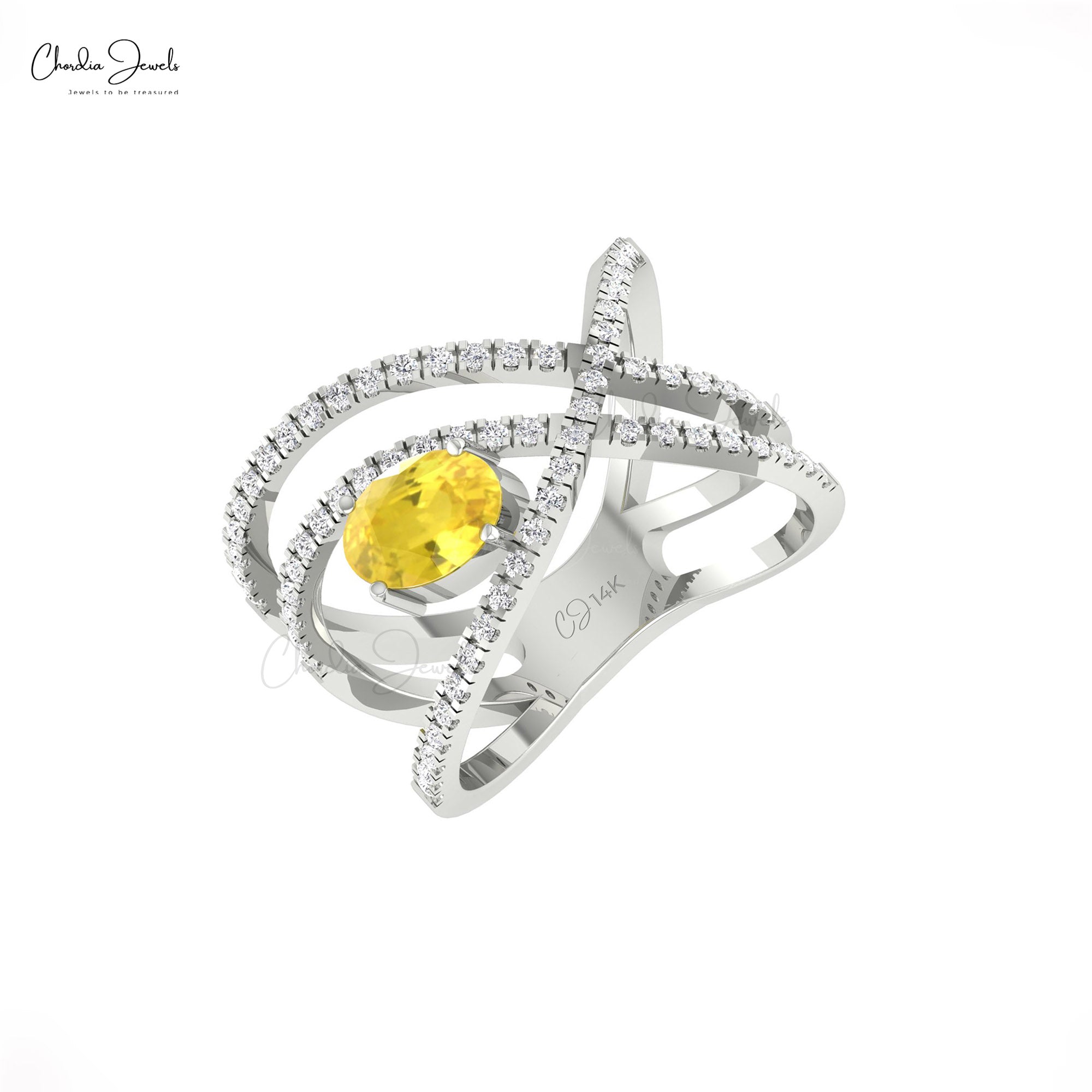Real 14k Gold Crossover Ring With 7x5mm Yellow Sapphire And Pave Diamond Women Ring