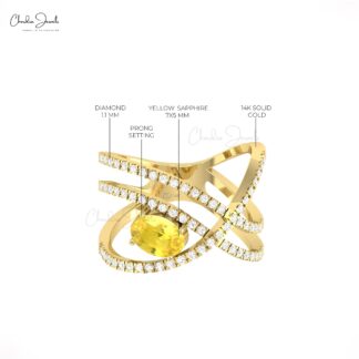 Real 14k Gold Crossover Ring With 7x5mm Yellow Sapphire And Pave Diamond Women Ring