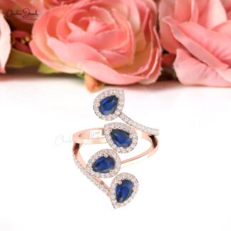 Multi Halo Gemstone Ring In 14k Solid Gold Blue Sapphire And G-H Diamond Cocktail Ring