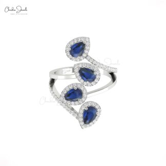 Multi Halo Gemstone Ring In 14k Solid Gold Blue Sapphire And G-H Diamond Cocktail Ring