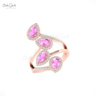Cocktail Leaf Wedding Ring With 6x4mm Pink Sapphire Halo Diamond Rings In 14k Real Gold
