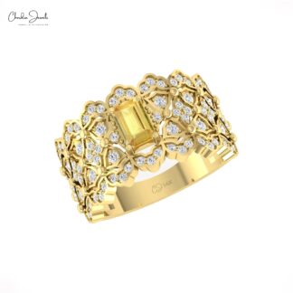 Octagon Cocktail Unique Ring In 14k Pure Gold Yellow Sapphire Diamond Anniversary Rings