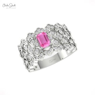 Cocktail Engagement Ring In 14k Solid Gold Pink Sapphire Cluster G-H Diamond Bridal Rings