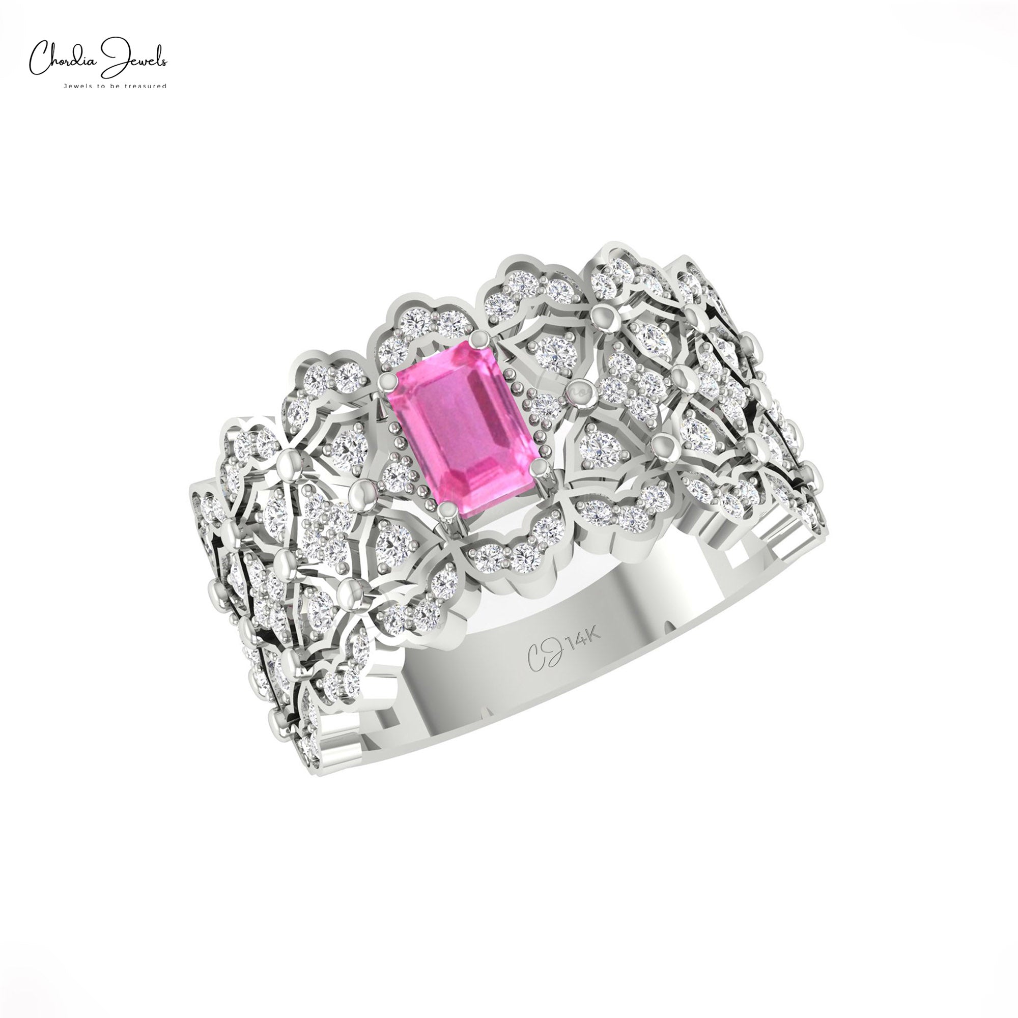 Cocktail Engagement Ring In 14k Solid Gold Pink Sapphire Cluster G-H Diamond Bridal Rings