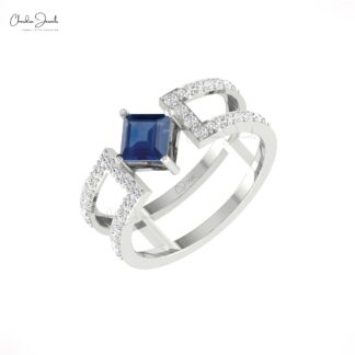 Solid 14k Gold Parallel Split Shank Band With 5mm Blue Sapphire Diamond Wedding Ring