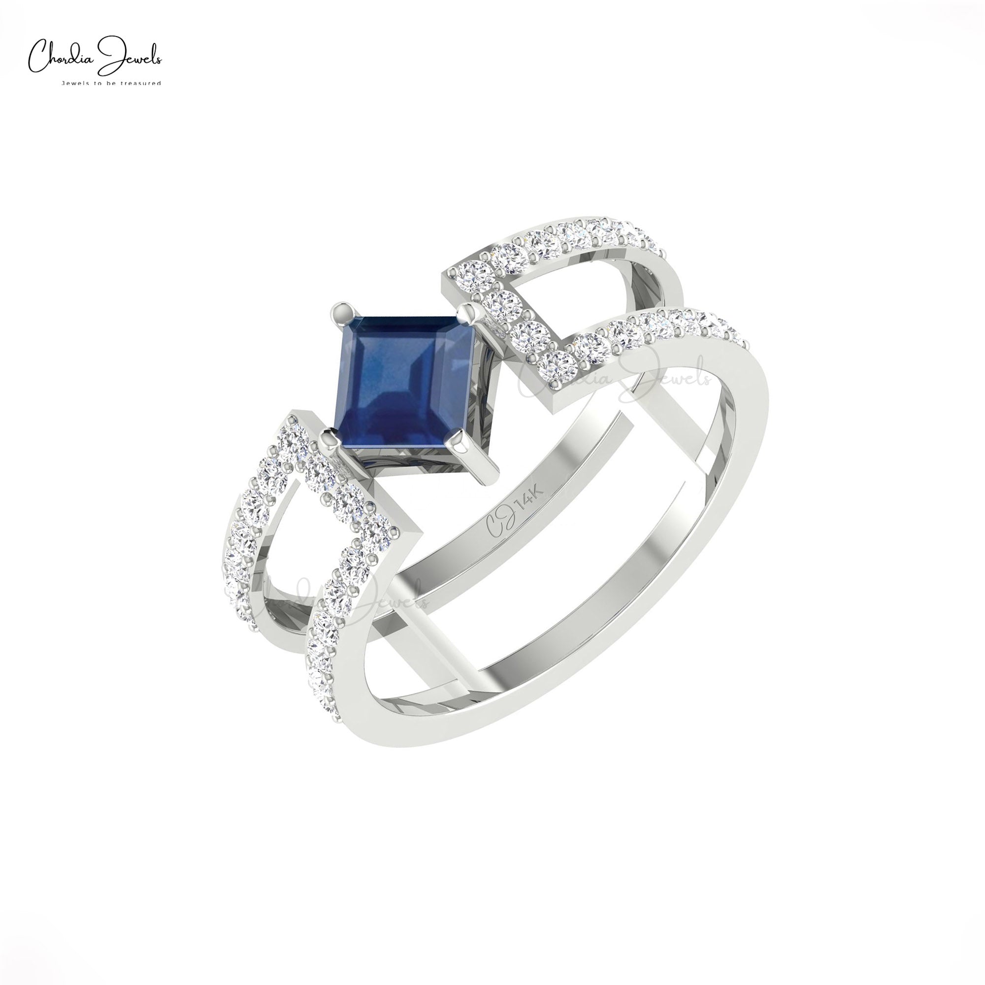 Solid 14k Gold Parallel Split Shank Band With 5mm Blue Sapphire Diamond Wedding Ring