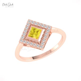 Bezel Set Halo Diamond Ring In Solid 14k Gold Yellow Sapphire Gemstone Promise Rings