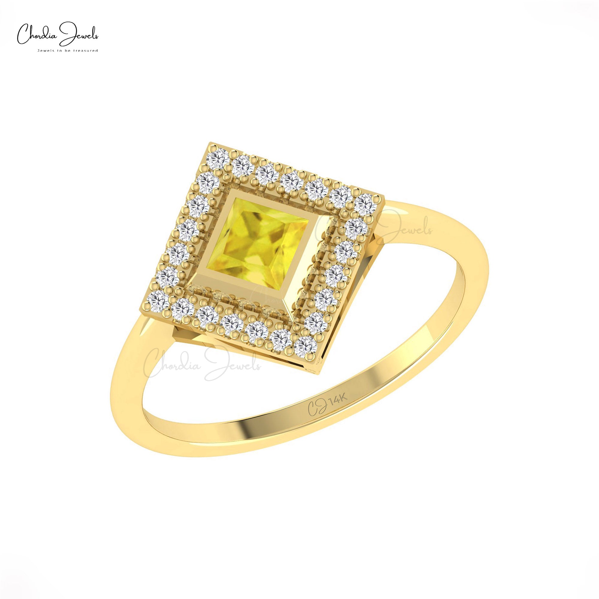 Bezel Set Halo Diamond Ring In Solid 14k Gold Yellow Sapphire Gemstone Promise Rings