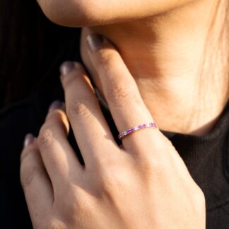 Dainty Half Eternity Band With 2mm Pink Sapphire Diamond 14k Solid White Gold Women Ring