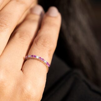 Dainty Half Eternity Band With 2mm Pink Sapphire Diamond 14k Solid White Gold Women Ring
