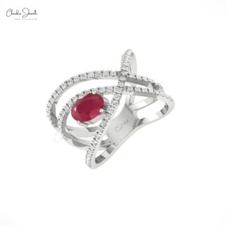 Overlapping Diamond Ring In 14k Gold Burma Ruby 7x5mm Gemstone Engagement Bridal Rings