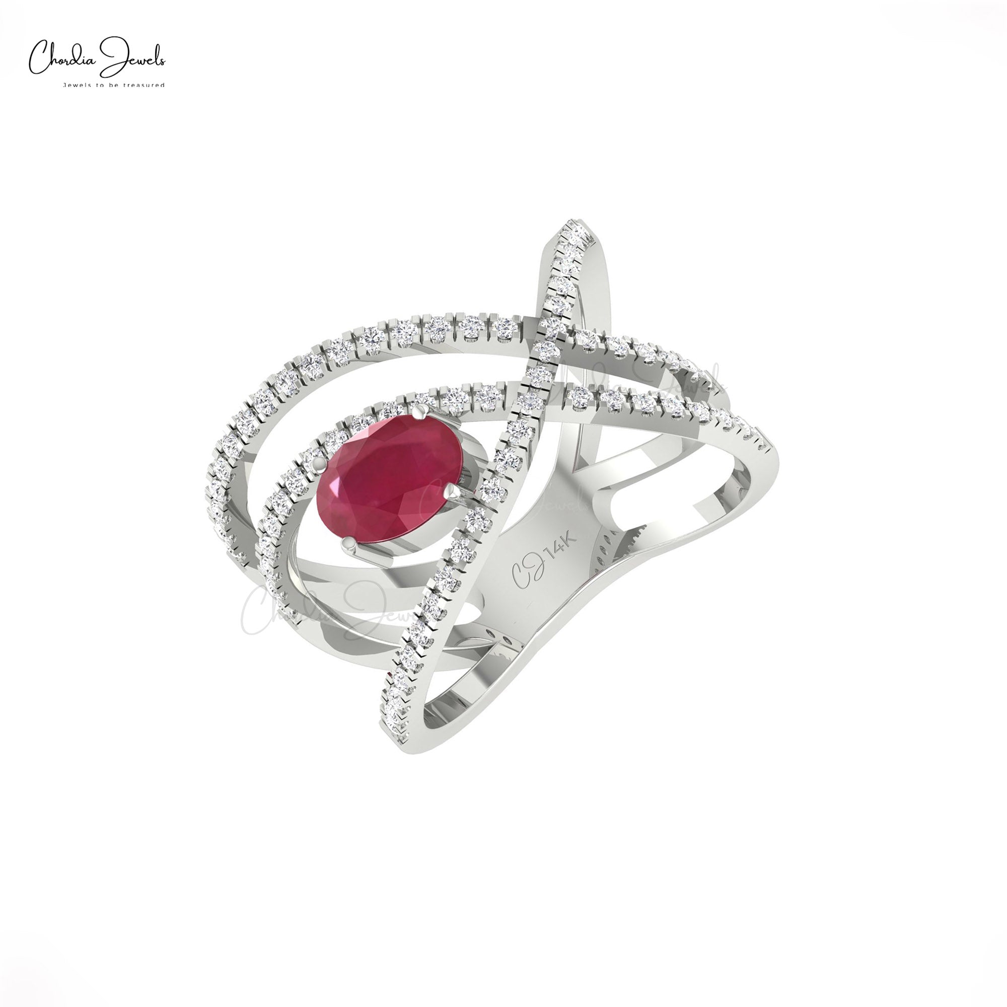 Overlapping Diamond Ring In 14k Gold Burma Ruby 7x5mm Gemstone Engagement Bridal Rings